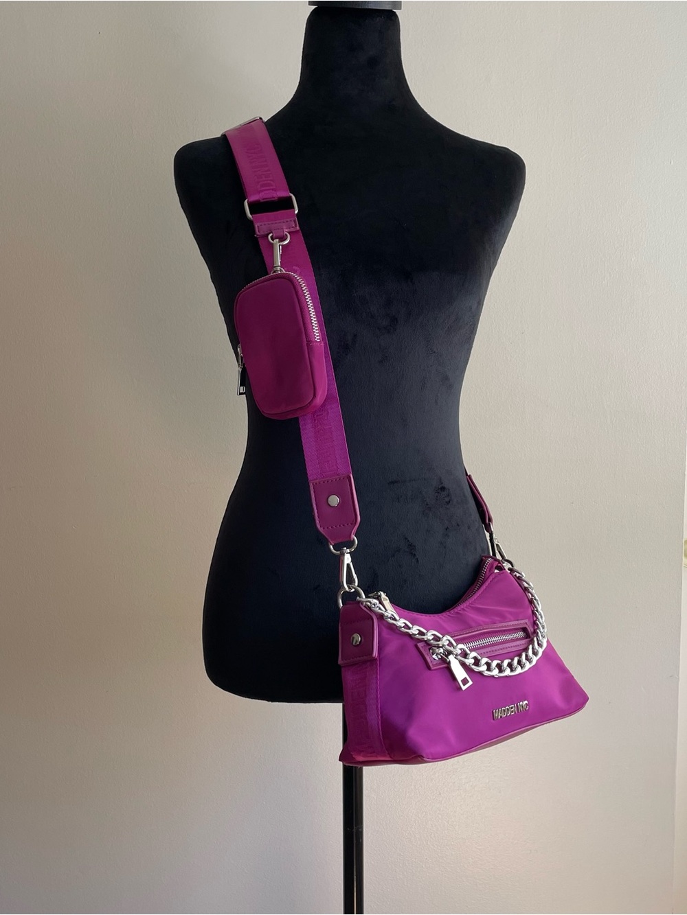 Madden NYC Fuchsia Nylon Shoulder & Crossbody Bag with Detachable Coin Pouch
